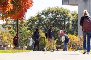 Students walking outside the library at IU Indianapolis.
