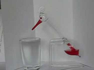 Photograph of a novelty toy known as the drinking bird. It is made up of two glass bulbs connected to each other by a glass tube. The upper bulb is shaped like a bird’s head, and the tube looks like its neck. The lower bulb, which may be compared to the abdomen, contains methylene chloride that has been colored red. The bottom of the neck is attached to a pivot, and in front of the bird’s head is a glass of water.