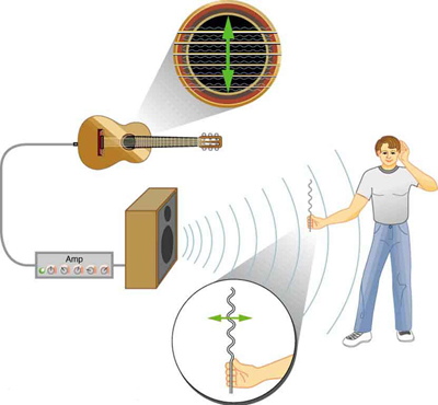 The figure shows a guitar connected to an amplifier and a man holding a sheet of paper facing the speaker attached to the amplifier. The strings of the guitar when played cause transverse waves. On the other hand, the sound of the guitar creates ripples on the sheet of paper causing it to rattle in a direction that shows that the sound waves are longitudinal.