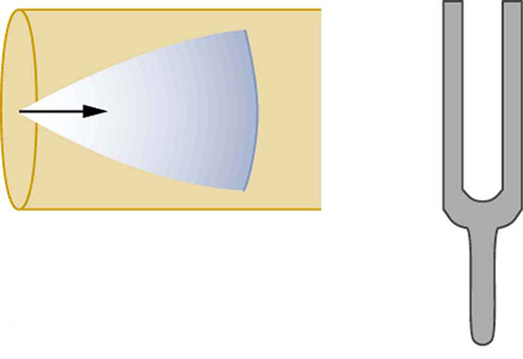 The right side shows a vibrating tuning fork. The left side shows a cone of resonance waves reflected at the closed end of the tube. The tip of the cone is at the closed end of the tube, and the mouth of the cone is moving toward the open end of the tube.