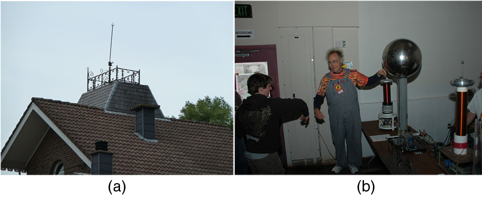 In part a, a lightning rod is shown on the roof of a house. In part b, a person is touching the metal sphere of the Van De Graaff and his hair is standing up.