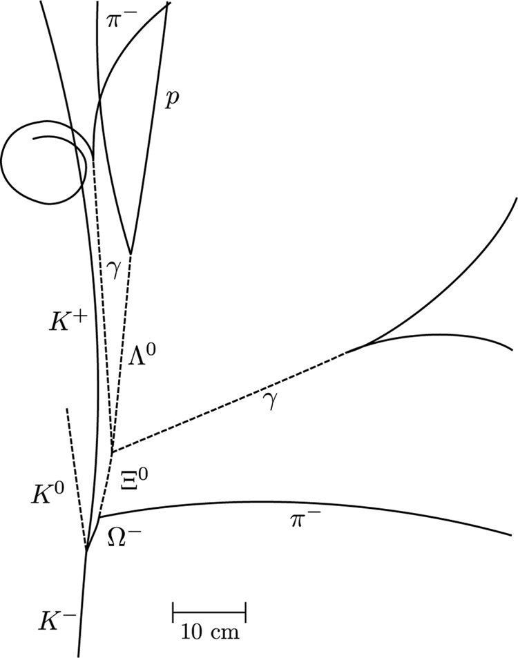 The figure shows a trace of a bubble chamber picture that shows the first observation of an omega minus particle. The trace looks like the branch of a small bush. There is a stem at the bottom labeled K minus, then a vertex from which comes a short arched segment labeled omega minus. This segment branches into a dashed line labeled xi zero and an arched line labeled pie minus. Various other solid and dashed lines continue upwards with various labels, such as lambda zero, gamma, K plus, and so on. From the scale bar in the figure, the sigma minus segment is about five centimeters long, which is much shorter than most of the other segments.