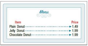 The menu with arrows pointing at prices