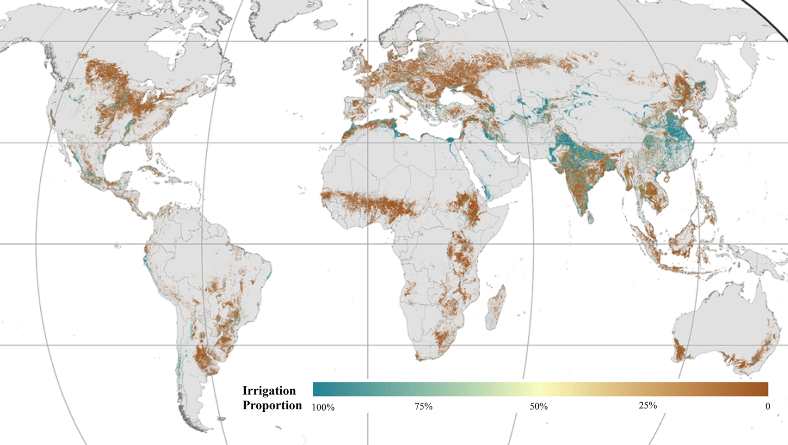 A map of the world with dark brown images showing cropland. Most of the areas are in the center of the US and Canada, in Mexico and Central America, from Brazil down to Argentina, and Chile, across Europe, Ukraine, the Baltic nations and southern Rusia, all of India, most of eastern China and the Indochina Peninsula and Pacific Island nations to the south, the nations of the Sahel region of Africa, and eastern Africa, and southern Australia. Areas with high levels of irrigation show primarily in the midwestern US, Mexico, Chile, central South America, the coastal zone of North Africa, lightly in Europe, throughout India but mostly in the north, throughout China, but mostly in the northeast, and across Central Asia.