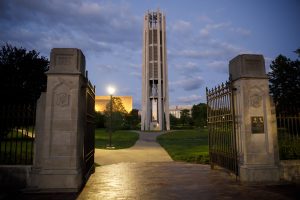 The Metz Bicentennial Grand Carillon stands in the Cox Arboretum on a summer evening.