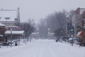 The Sample Gates are pictured from Kirkwood Avenue on a snowy winter day.