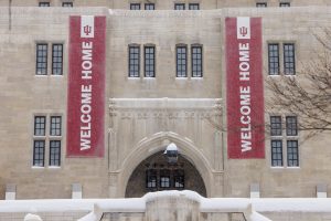The Indiana Memorial Union is pictured on a snowy winter day.