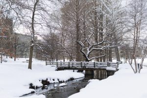Snow covering a bridge on campus at IU Bloomington.