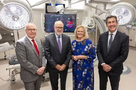 John and Sarah Lechleiter are giving $6 million to support cardiovascular care, research and training at IU Health and IU School of Medicine – the largest gift ever shared by the two institutions. Pictured (from left): Jay L. Hess, John Lechleiter, Sarah Lechleiter, and Dennis Murphy. Photo by Chris Bergin, IU Health.