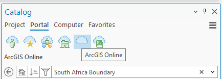 Screenshot of the Catalog pane in ArcGIS software with the Portal tab selected. Icons for different portals are shown, including a highlighted ArcGIS Online icon with a tooltip. A dropdown menu labeled "South Africa Boundary" appears at the bottom, alongside icons for home, filter, and settings.