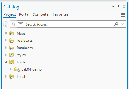 Screenshot of the Catalog pane in a software application. The Project tab is selected among tabs labeled Project, Portal, Computer, and Favorites. A search bar labeled 'Search Project' is visible below the tabs. The pane displays expandable folders including Maps, Toolboxes, Databases, Styles, Folders (expanded to show Lab04_demo), and Locators.
