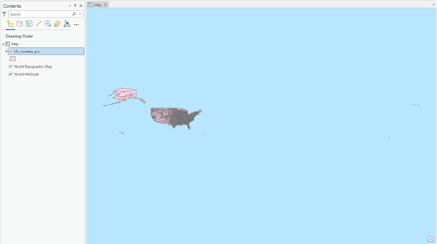 A digital map interface showing a simplified map of the United States, including Alaska and Hawaii, on a light blue background. A "Contents" panel on the left lists map layers such as "USA_counties_acs" (selected), "World Topographic Map," and "World Hillshade.