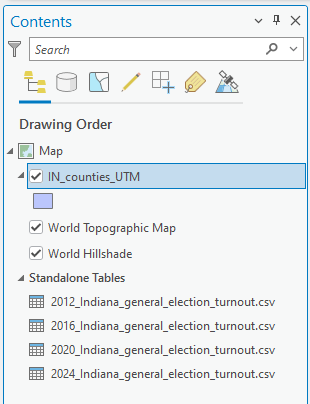 Screenshot of the "Contents" pane in GIS software. It shows a search bar, tool icons, and a "Drawing Order" list with "IN_counties_UTM" checked, and "World Topographic Map" and "World Hillshade" unchecked. Below, a "Standalone Tables" section lists four CSV files for Indiana general election turnout from 2012 to 2024.