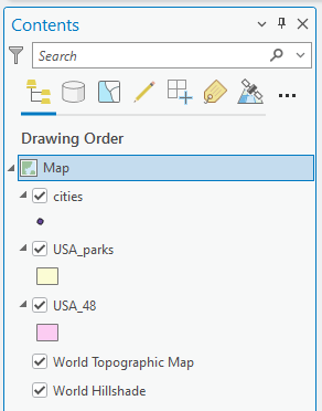 Screenshot of the 'Contents' pane in GIS software showing a list of map layers under 'Drawing Order.' Layers include 'Map,' 'cities' with purple dot symbols, 'USA_parks' with yellow squares, and 'USA_48' with pink squares. Two basemap layers—'World Topographic Map' and 'World Hillshade'—are listed below. A toolbar at the top displays icons for adding data, editing, and analysis tools.