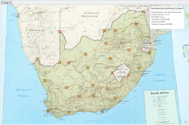 A detailed geographic map of South Africa and neighboring countries including Namibia, Botswana, Zimbabwe, and Mozambique. The map displays cities, rivers, and mountain ranges, with multiple orange cross symbols marking specific locations. A small information box in the top right corner provides georeferencing details: transformation type is 2nd order polynomial, residuals are 27 pixels, total RMS error is 2.61245383, and forward X/Y ranges are 0–6001 and 0–6003 respectively.