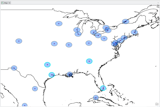 Map of the eastern United States showing blue circles with red centers scattered across various locations. The circles vary in size and are concentrated in the Midwest, Northeast, and Gulf Coast regions, representing data points or events in a geographic visualization.