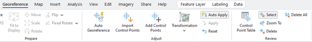 Screenshot of the Georeference toolbar in a GIS software interface. The toolbar is divided into sections: "Prepare" with tools like Fit to Display, Move, Scale, Flip, and Rotate; "Adjust" with Auto Georeference, Import Control Points, and Add Control Points; "Transformation" with a dropdown menu, Apply, and Reset buttons; and "Review" with options including Auto Apply, Select, Delete All, Control Point Table, Zoom To, and Delete.