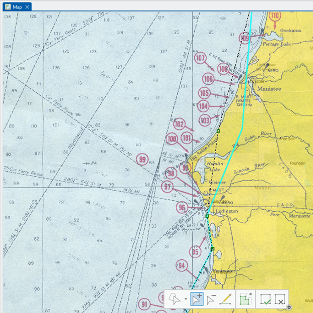 Nautical chart of the coastal area around Ludington, Michigan, showing depth contours in feet, red numbered navigational markers (e.g., 99, 98, 97), and labeled landmarks such as Hamlin Lake, Weimer, R MAST, C G AERO, and RTR. The chart includes navigational lines and symbols, with annotations like 'OCC 4sec 55ft 18M HORN Bn (2)30s' and 'QK Fl R Priv maint' indicating light and sound signals.