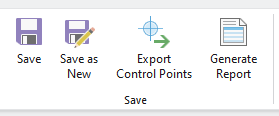 Screenshot of a toolbar section titled "Save" in a GIS software interface. It contains four icons with labels: "Save" (floppy disk), "Save as New" (floppy disk with pencil), "Export Control Points" (crosshair with arrow), and "Generate Report" (document icon).