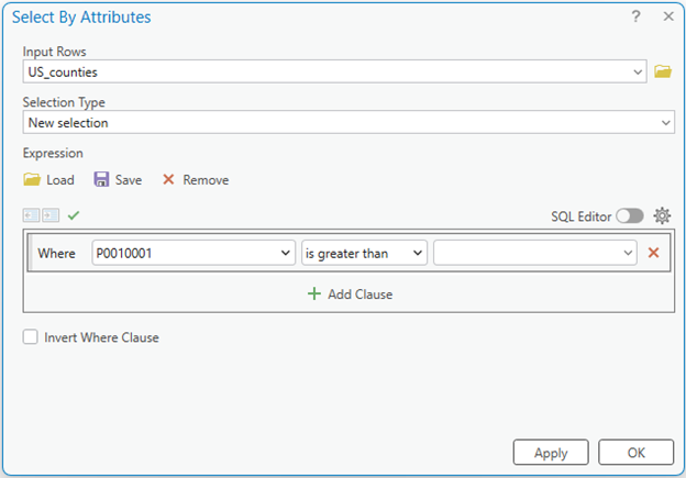 A screenshot of the "Select By Attributes" dialog box from a data selection software. The dialog includes fields for "Input Rows" set to "US_counties," "Selection Type" set to "New selection," and an expression builder with the clause "Where P0010001 is greater than" followed by a blank input. Buttons for Load, Save, Remove, Add Clause, Apply, and OK are visible, along with an option to invert the where clause.