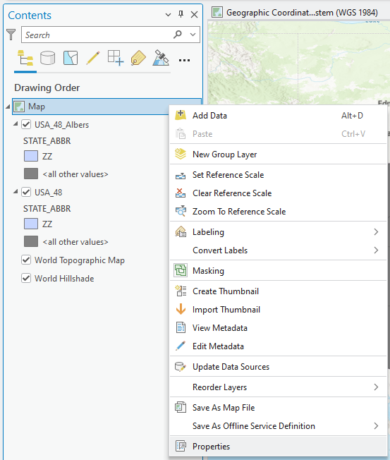 Screenshot of GIS software interface. The left "Contents" pane shows a drawing order list with layers like "USA_48_Albers" and "STATE_ABBR," each with visibility checkboxes. A context menu is open on the right with options such as "Add Data," "New Group Layer," and "Set Reference Scale." The background displays part of a map using the WGS 1984 coordinate system.