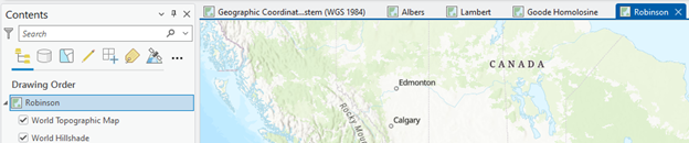 Screenshot of a GIS interface showing a map of western Canada with Edmonton and Calgary marked. The left panel titled 'Contents' lists map layers including 'Robinson,' 'World Topographic Map,' and 'World Hillshade.' Tabs at the top display coordinate system options: WGS 1984, Albers, Lambert, Goode Homolosine, and Robinson.