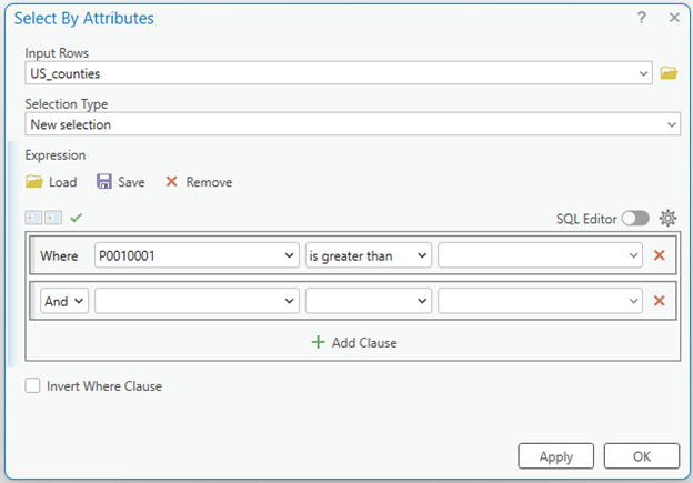 A screenshot of the "Select By Attributes" dialog box from GIS software. It includes fields for "Input Rows" set to "US_counties," "Selection Type" set to "New selection," and an "Expression" section with the clause "Where P0010001 is greater than" followed by a blank input. Options to add, load, save, or remove clauses are present, along with “Apply” and “OK” buttons at the bottom.
