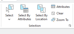Toolbar from a software application showing selection options: Select, Select By Attributes, Select By Location, Attributes, Clear, and Zoom To—each with a corresponding icon.