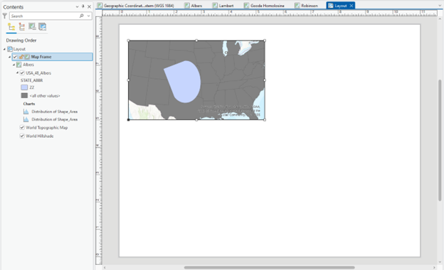 Screenshot of a mapping software interface. The left pane titled 'Contents' lists layers such as 'Layout,' 'Map Frame,' 'USA_48_Albers,' and 'STATE_ABBR.' The main display shows a map of the central United States with a blue-highlighted area spanning multiple states. The top menu bar includes tabs for coordinate systems: WGS 1984, Albers, Lambert, Goode Homolosine, Robinson, and Layout.