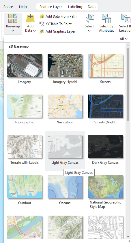 Screenshot of a GIS software interface showing the "2D Basemap" section with multiple map style options, including Imagery, Streets, Topographic, and Light Gray Canvas (highlighted). The top menu includes Share, Help, Feature Layer, Labeling, and Data, with buttons for adding data and graphics layers.
