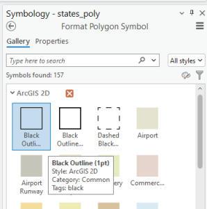 Screenshot of the Symbology pane in ArcGIS Pro, showing polygon symbol options under the "Gallery" tab. A search bar and style filter are at the top, with a grid of symbols below, including "Black Outline (1pt)," "Dashed Black Outline," and color-coded symbols like Airport and Cemetery.