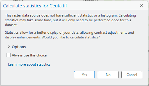 Dialog box titled "Calculate statistics for Ceuta.tif" with a message explaining the benefits of calculating statistics for raster data. Three buttons—Yes, No, and Cancel—are below the message. An expandable "Options" section includes a checkbox labeled "Always use this choice." A link at the bottom reads "Learn more about statistics.