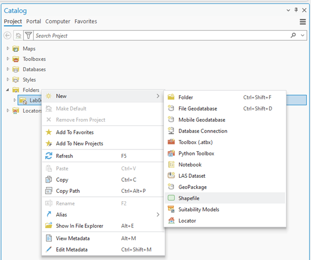 Screenshot of the Catalog pane in ArcGIS Pro software. The pane displays a hierarchical list of project elements including Maps, Toolboxes, Databases, Styles, Folders, and Locators. A context menu is open under the Folders section, showing options to create new items such as Folder, File Geodatabase, Mobile Geodatabase, Shapefile (highlighted), and others. Additional menu options include actions like Make Default, Add to Favorites, Refresh, Rename, View Metadata, and Edit Metadata.