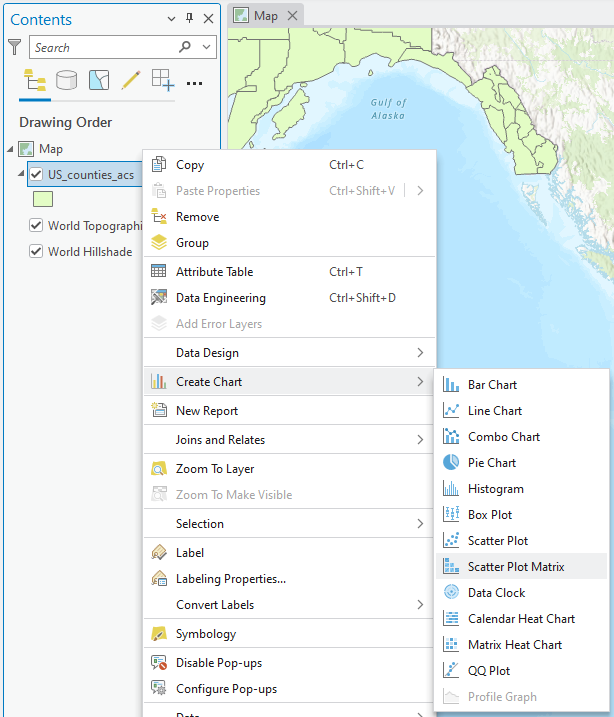 A screenshot of GIS software showing a map view of Alaska on the right and a "Contents" pane on the left with layers such as "US_counties_acs," "World Topographic Map," and "World Hillshade." A context menu is open with options for data visualization, layer management, and symbology settings.