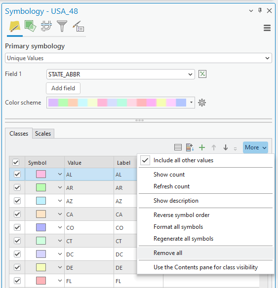 Screenshot of the 'Symbology' pane in GIS software for the 'USA_48' layer. The primary symbology is set to 'Unique Values' using the 'STATE_ABBR' field. A pastel color scheme is applied to represent different state abbreviations. A table below lists symbols, values, and labels for states like AL and AR. An open dropdown menu labeled 'More' shows options including 'Include all other values' and 'Show count'.