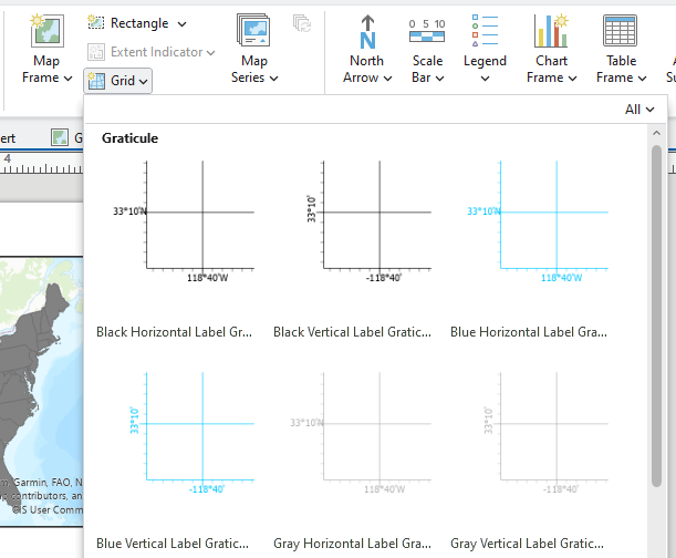 Screenshot of a mapping software interface. The top toolbar includes options such as 'Rectangle,' 'Extent Indicator,' 'Map Frame,' and 'Grid.' A dropdown menu labeled 'Graticule' displays various styles of map grid lines in black, blue, and gray, with horizontal and vertical labels. A map preview on the left shows part of North America.