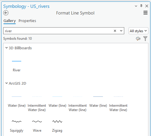 Screenshot of the "Symbology - US_rivers" window in a GIS software interface. The "Format Line Symbol" section is open, showing the Gallery tab with a search for "river" and style filter set to "All styles." Ten line symbols are displayed under two categories: "3D Billboards" and "ArcGIS 2D." Symbols include River, Water (line), Intermittent Water (line), Squiggly, Wave, and Zigzag, each with distinct line styles representing water features.
