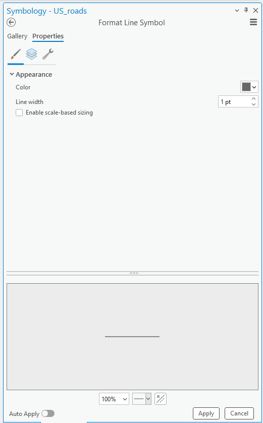 Screenshot of the "Format Line Symbol" dialog box in GIS software for customizing US road symbology. The Properties tab is selected, showing options to change line color (currently gray), set line width (1 pt), and enable scale-based sizing (unchecked). A preview displays a horizontal gray line. Controls at the bottom include zoom level (100%), Apply and Cancel buttons, and an Auto Apply toggle switch (off).