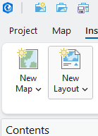 Screenshot of GIS software interface showing the "Insert" tab. Toolbar includes buttons for "New Map" and "New Layout," each with dropdown options. A portion of the "Contents" pane is visible at the bottom.