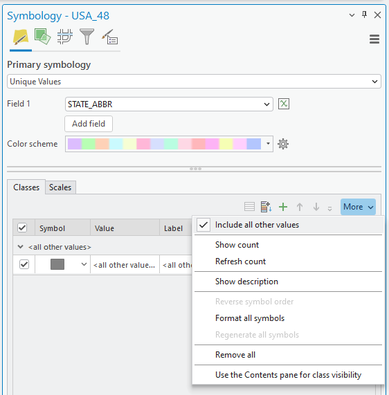 Screenshot of the Symbology pane in ArcGIS Pro for the 'USA_48' layer. The primary symbology is set to 'Unique Values' using the 'STATE_ABBR' field. A pastel color scheme is applied. The Classes tab shows one entry labeled '' with a gray square symbol. An open 'More' dropdown menu lists options such as 'Include all other values,' 'Show count,' 'Refresh count,' and others, with some options grayed out.