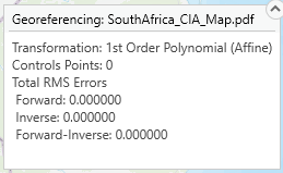 Screenshot of a georeferencing summary for "SouthAfrica_CIA_Map.pdf" using a 1st Order Polynomial (Affine) transformation. No control points are present. Total RMS errors are all zero: Forward, Inverse, and Forward-Inverse.