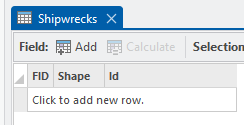 A screenshot of a data table interface titled "Shipwrecks." The toolbar includes buttons labeled "Field," "Add," and "Calculate." The table displays columns named "FID," "Shape," and "Id," with one row prompting "Click to add new row.