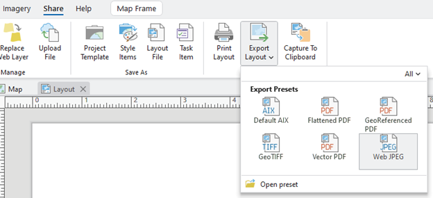 Screenshot of GIS software showing the "Share" tab. Options include Replace Web Layer, Upload File, Project Template, Style Items, Layout File, Task Item, and Print Layout. An expanded menu under Export Layout shows presets like Default AIX, Flattened PDF, GeoReferenced PDF, GeoTIFF, Vector PDF, and Web JPEG. Additional options include Capture to Clipboard and Open Preset.