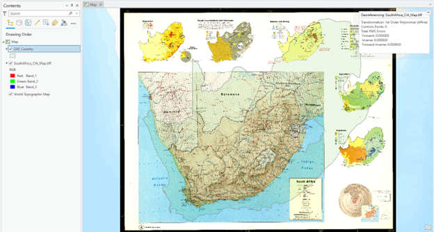 Detailed map of South Africa showing cities, roads, and geographical features. Includes inset maps for population density, rural population distribution, and rainfall patterns. A legend in the bottom right explains map symbols. A panel on the left displays layer and drawing order options.