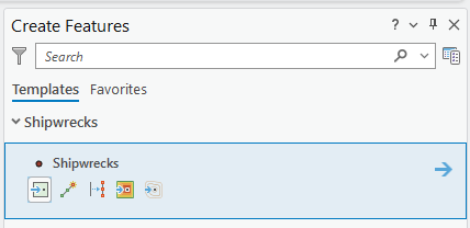 Software interface for creating features, showing a search bar at the top and two tabs labeled "Templates" and "Favorites." Under the "Templates" tab, a category named "Shipwrecks" is expanded to reveal an item also named "Shipwrecks," with icons representing tools or actions related to shipwrecks.
