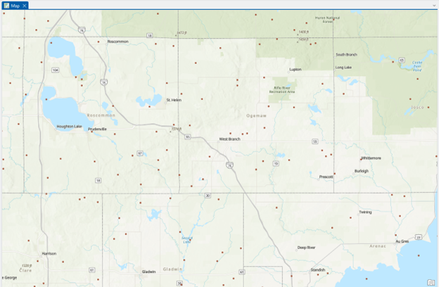 Map of northeastern Lower Peninsula of Michigan showing towns including Houghton Lake, Roscommon, St. Helen, West Branch, Prescott, Whittemore, and Tawas City. Major highways and roads are visible, along with natural features such as Houghton Lake, Long Lake, Rifle River Recreation Area, and forested areas. Numerous small red dots are scattered across the map, possibly indicating specific locations or data points.