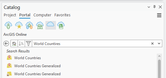 Screenshot of the Catalog window in ArcGIS software with the Portal tab selected. A search for "World Countries" is shown in the search bar. Below, three search results are listed: "World Countries," "World Countries Generalized," and another "World Countries Generalized," each represented as map layer icons. Tabs at the top include Project, Portal, Computer, and Favorites, with icons for various data sources displayed beneath.
