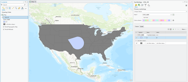 Map of the United States with a gray overlay and a blue circular highlight centered over Kansas, Oklahoma, and Texas. The left panel displays the 'Contents' pane with layers 'USA_48' and 'World Topographic Map' under 'Drawing Order.' The right panel shows the 'Symbology - USA_48' settings, including options for primary symbology, color scheme, and layer configuration.