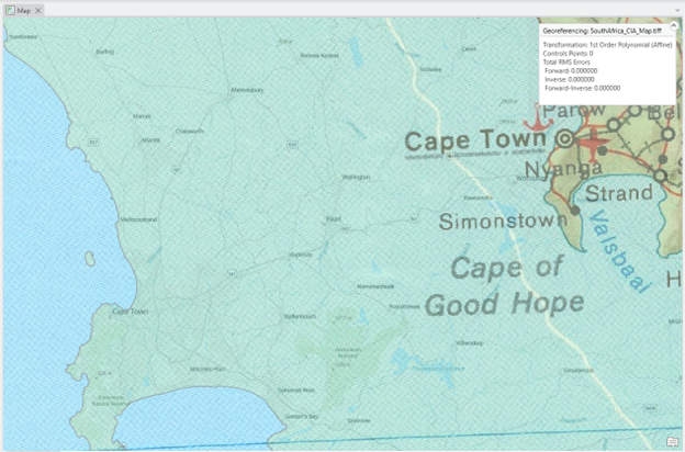 Map of the Cape Town area in South Africa, showing labeled locations including Cape Town, Simonstown, and the Cape of Good Hope. Geographic features such as coastlines and water bodies are visible. An information box in the upper right displays georeferencing parameters, including transformation type, control points, and RMS error values.