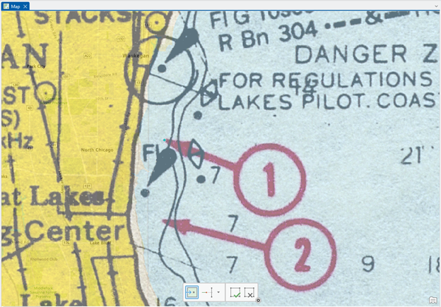 Nautical chart of the Great Lakes near North Chicago, showing land areas in yellow and water areas in blue. The chart includes navigational markers, depth contours, and two red arrows pointing to circled numbers "1" and "2". Land features include labeled areas such as "Great Lakes Center," while water areas contain labels like "DANGER ZONE" and regulatory instructions.